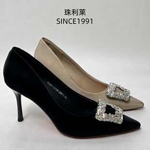 珠利莱2026春法式轻奢水钻方扣尖头高跟鞋女细跟浅口单鞋通勤百搭
