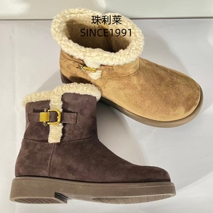 珠利莱2025年冬翻边雪地靴女冬季加绒保暖厚底短靴磨砂皮切尔西靴