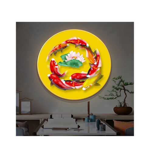 九鱼图圆形年年有余荷花锦鲤客厅墙画餐厅屏风隔断画芯书房壁画