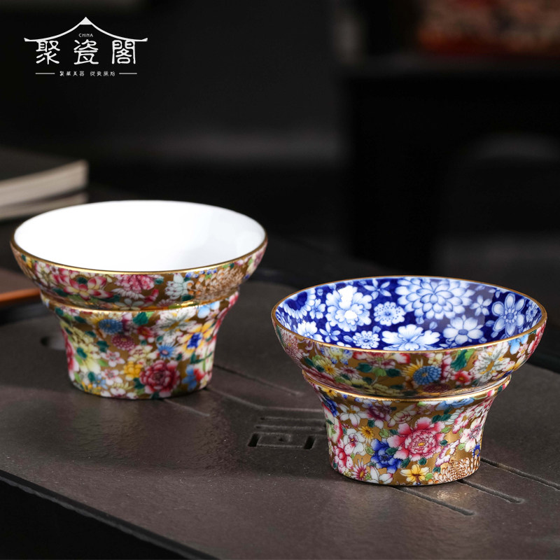 陶瓷珐琅彩内青花万花茶滤全瓷一体茶漏网泡茶叶过滤网创意茶隔器