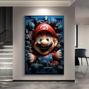 超级玛丽玄关装饰画带灯马里奥儿童房卧室挂画卡通高级感发光壁画