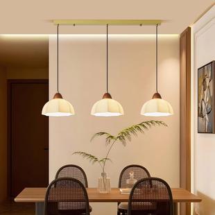 胡桃木色一字型玻璃罩吊线中山灯 餐厅吊灯中式 2025新款 中古风法式