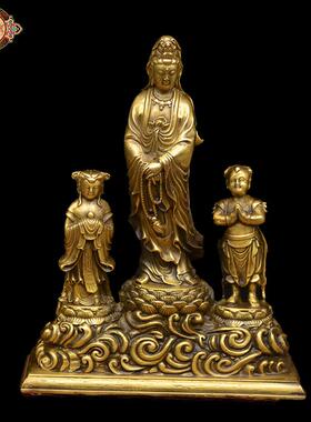宏达 黄铜观音佛像 观音送子 金童玉女 吉祥铜器摆件