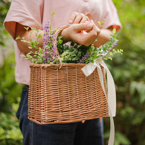掬涵柳编手提花篮花筐田园风插花提篮小花篮编织篮野餐篮多肉花盆
