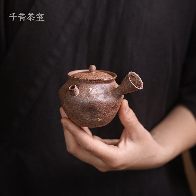 【灰念老岩泥点金常山侧把】复古手工茶壶粗陶泡茶壶功夫茶具单壶