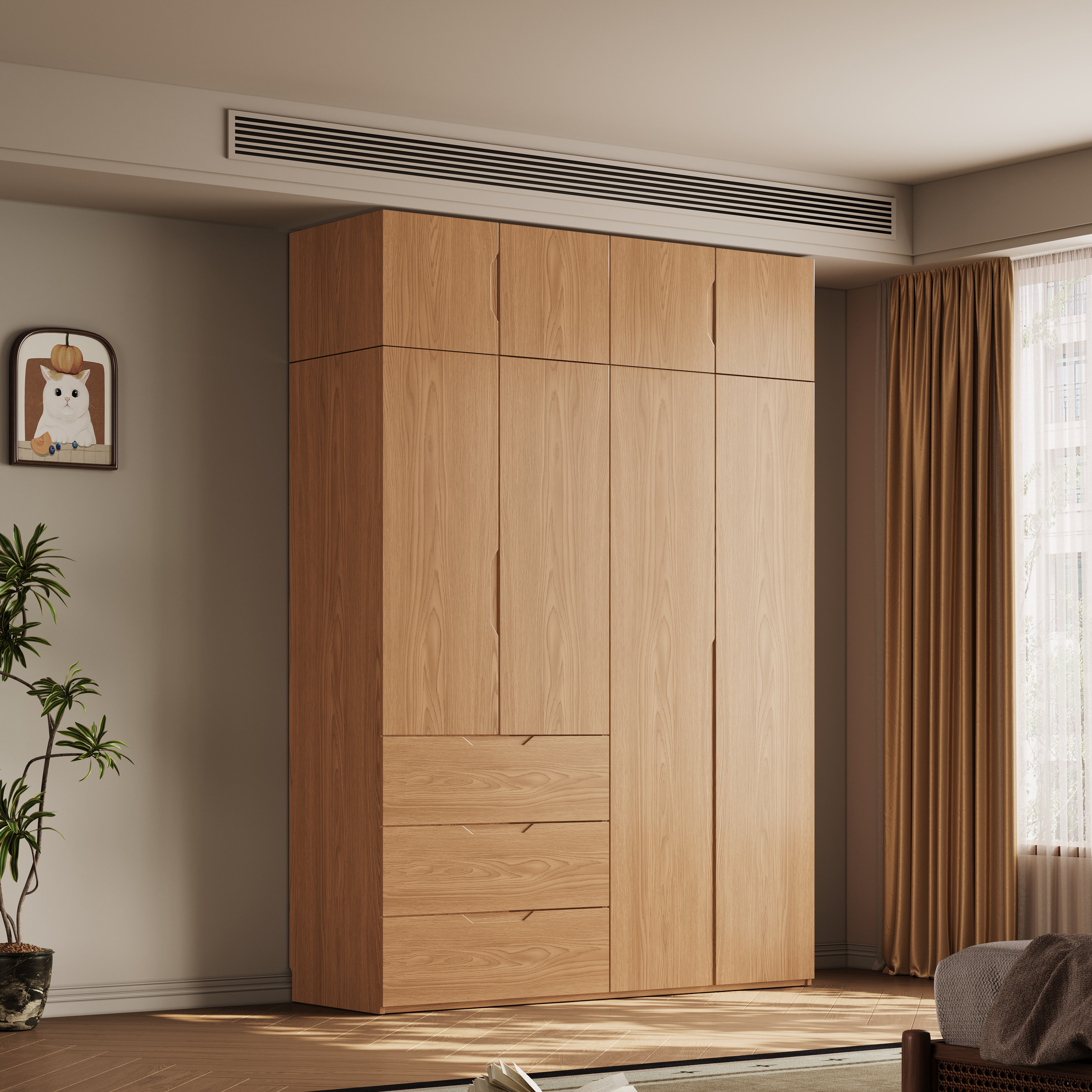 现货全橡木免拉手收纳衣柜家用平开门卧室储物新款实木大衣橱子