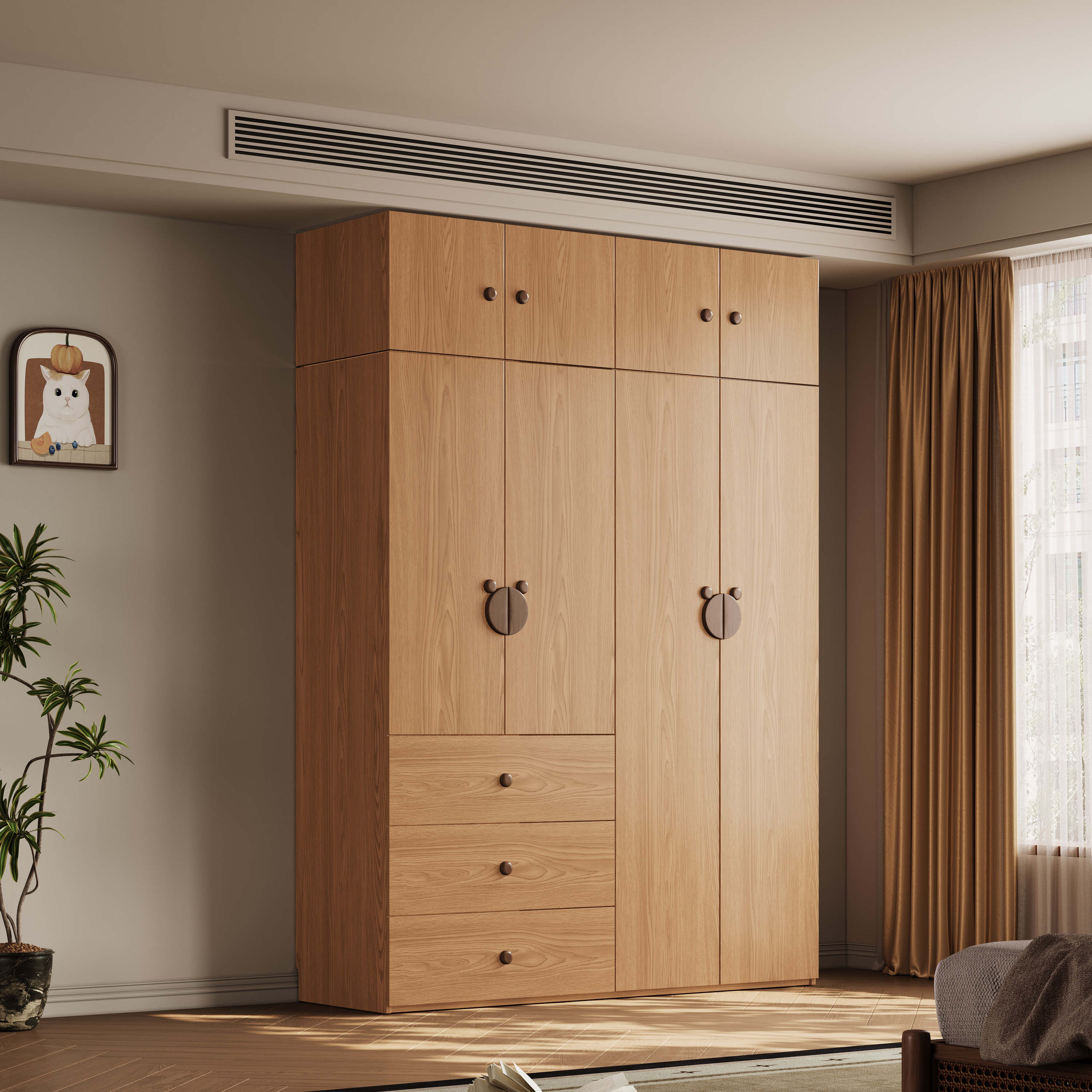 现货实木橡木衣柜组合家用卧室原木色成人平开门包安装大衣橱