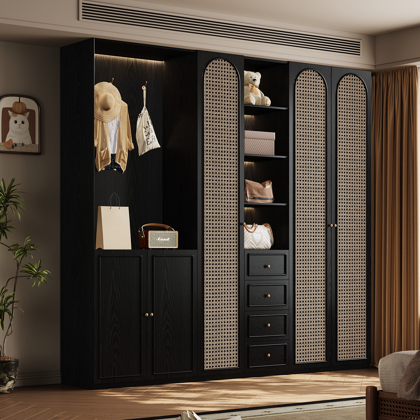 全实木橡木玻璃门法式复古储物柜卧室黑色衣橱家用落地收纳柜子,住宅家具,独立衣柜,淘宝优惠券,粉丝福利购,淘宝优惠卷