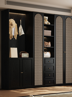 全实木橡木玻璃门法式复古储物柜卧室黑色衣橱家用落地收纳柜子