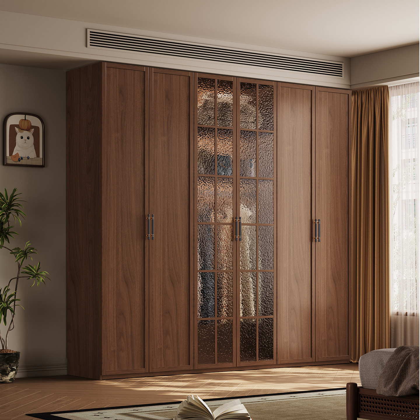 全实木橡木玻璃门法式复古储物柜卧室胡桃色衣橱家用落地收纳柜子