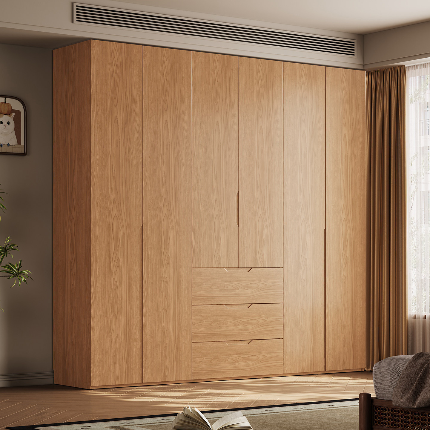 现货全橡木免拉手收纳衣柜家用平开门卧室储物原木色实木大衣橱子