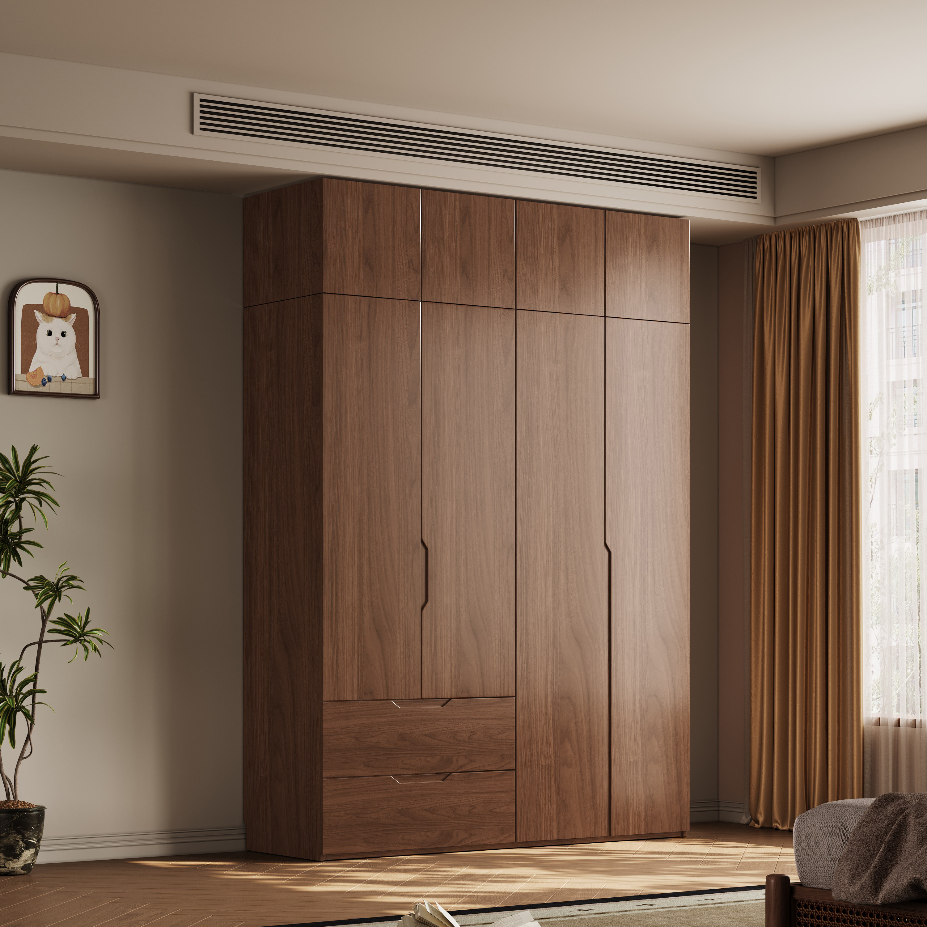 现货橡木胡桃色衣柜全实木中古风储物五六高档家用主卧环保大衣橱