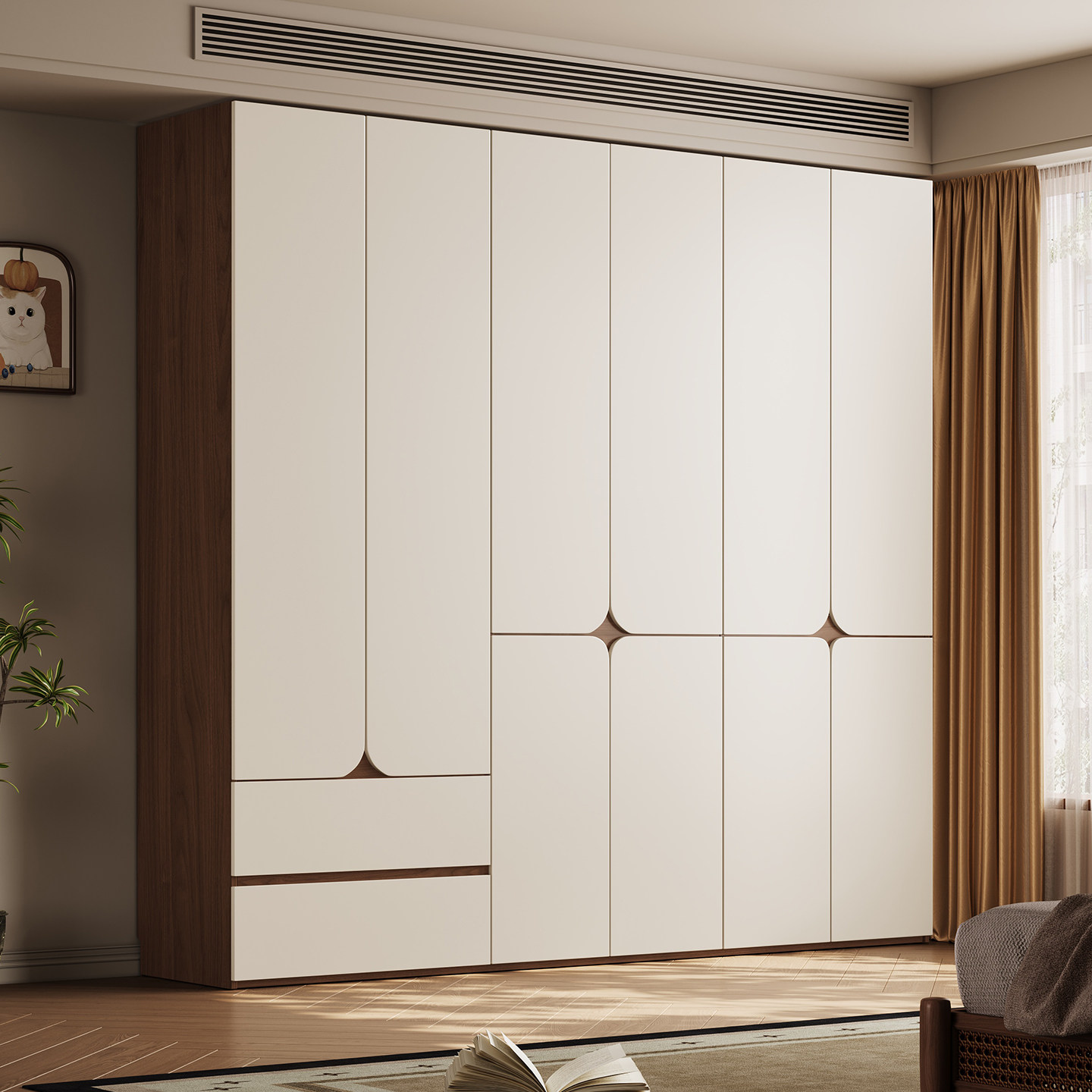 现货全实木衣柜奶油风家用卧室三门衣柜平开门环保橡木储物大衣橱