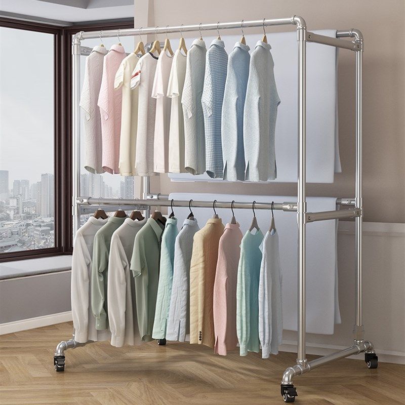 钢管室内简易室外晾衣架卧室落地挂衣架晒衣架家用阳台双杆双层厚