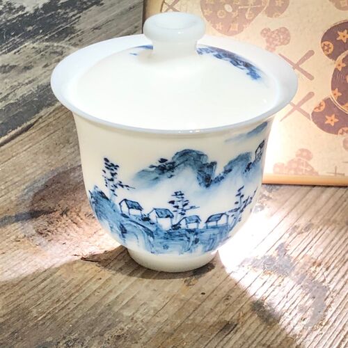潮汕功夫茶七十年代库存手绘青花瓷若深珍藏潮州枫溪窑天地盖碗