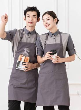 韩版服务员工作服帆布围裙烘焙蛋糕店超市美甲店H型背带围裙印字