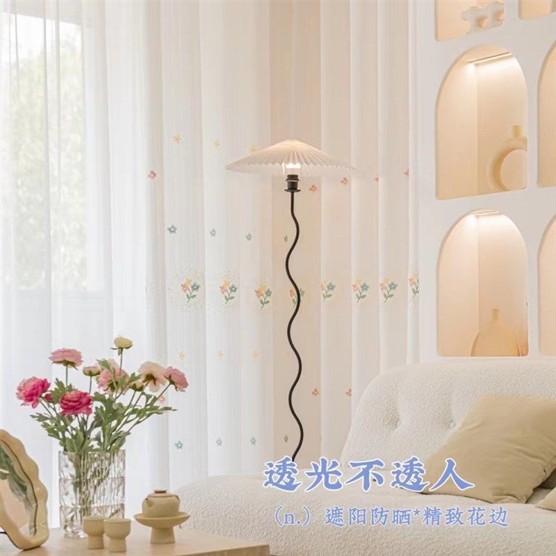 新款卧室窗帘透光不透人绣花纱帘客厅阳台飘窗短款遮阳纱帘白纱帘