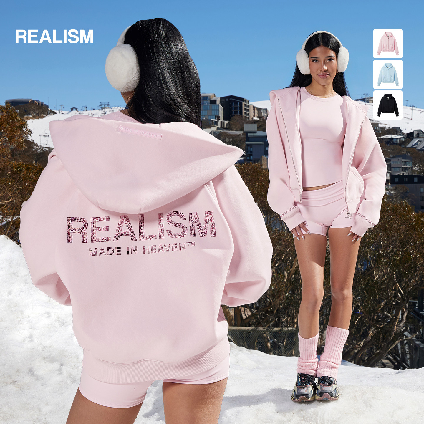 REALISM短款显白拉链连帽卫衣粉
