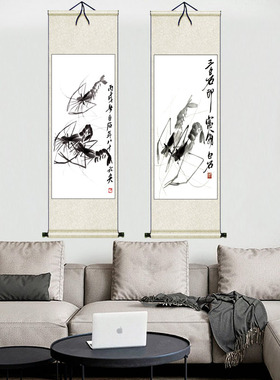 齐白石花鸟画虾图 水墨虾 花鸟画装饰画国画绢画菊花荷花挂画布画