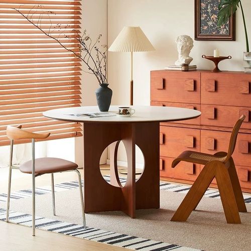 中古风复古圆形餐桌岩板小户型家用简约实木胡桃色餐桌侘寂风