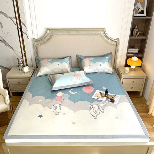 治愈系!冰丝凉席三件套可水洗夏季床上凉席可爱卡通儿童裸睡席子