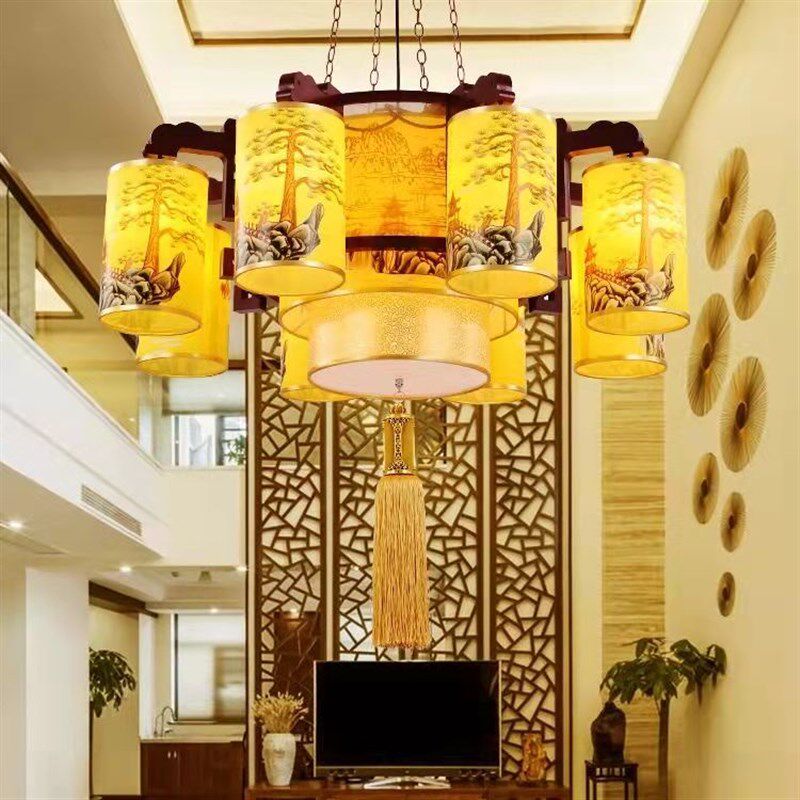 中式木艺吊灯餐厅酒店饭店包厢大厅灯古典现代风格火锅店茶楼灯具