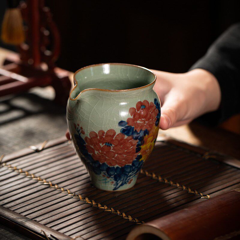 手绘牡丹公道杯 釉下五彩青花分茶器 写意画高端茶具陶瓷功道茶杯