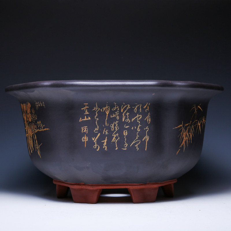 宜兴紫砂花盆陶瓷大号六角室内特大号客厅金弹子紫砂盆景盆精品