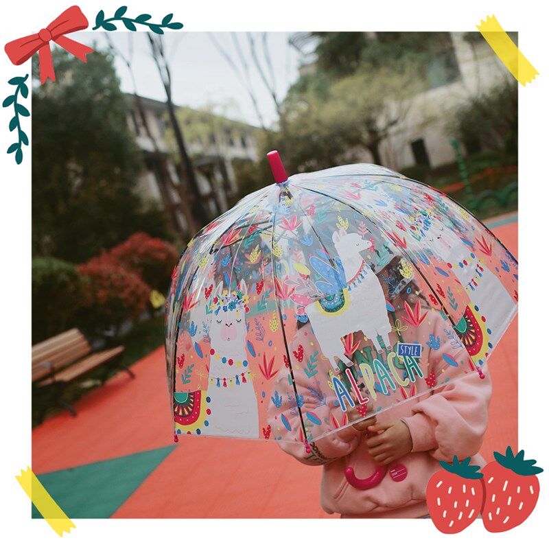 可爱炫彩羊驼拱形雨伞幼儿园小朋友半儿童自动透明塑料长柄伞轻便