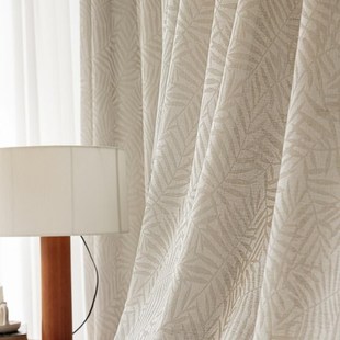 新款中古风客厅书房棉麻纱帘高端定制棕榈树叶提花窗帘透光不透人