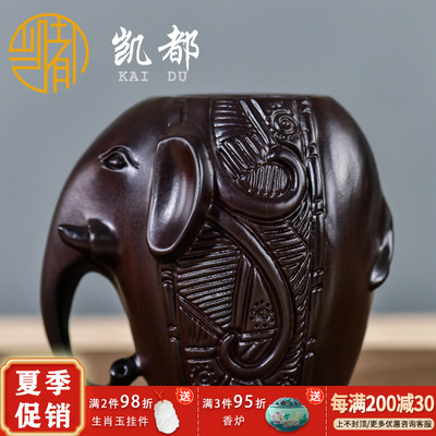 黑檀木雕大象家居吉祥象笔筒摆件招财桌面办公室实木雕刻象工艺品