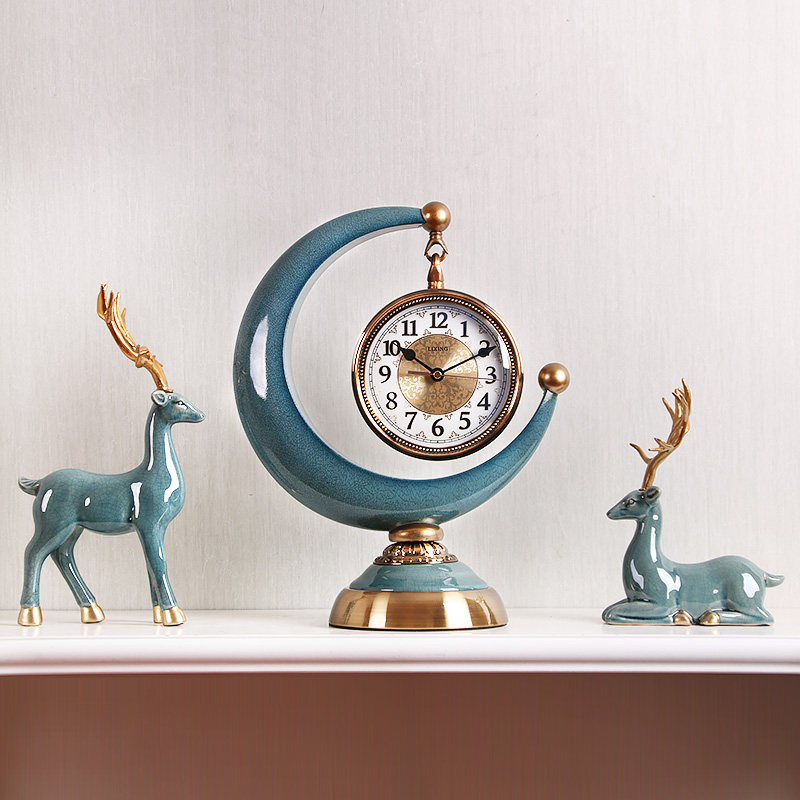 月牙钟表欧式座钟台式钟客厅斗柜电视柜现代简约装饰摆件静音时钟