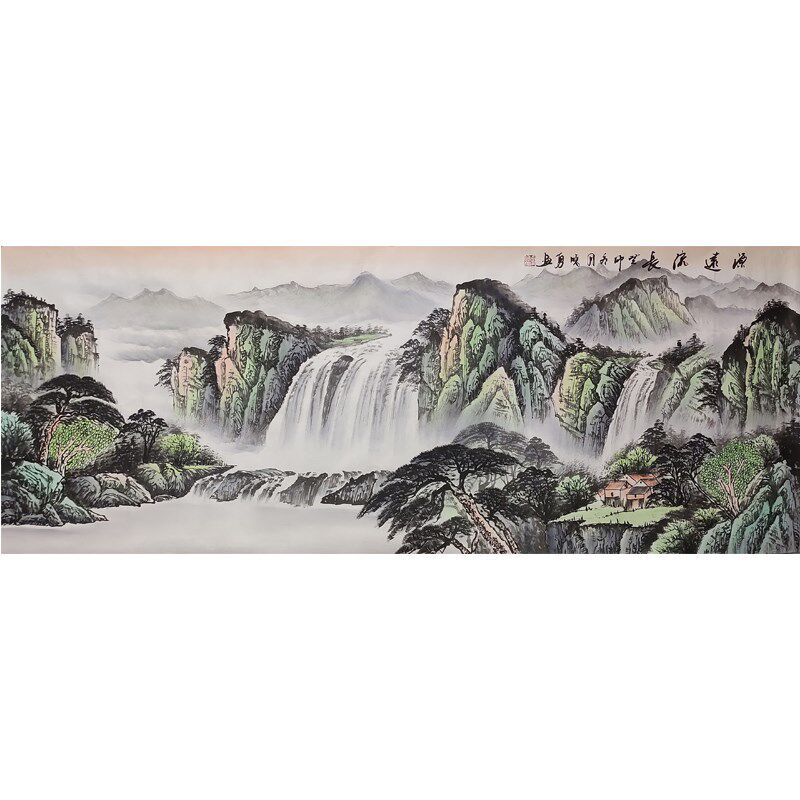纯手绘山水小六尺源远流长国画富山贵水客厅办公室挂画