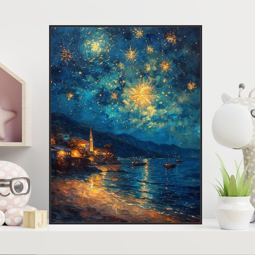 梵高星空下的海边diy数字油画 浪漫治愈手工填充涂色装饰油彩挂画