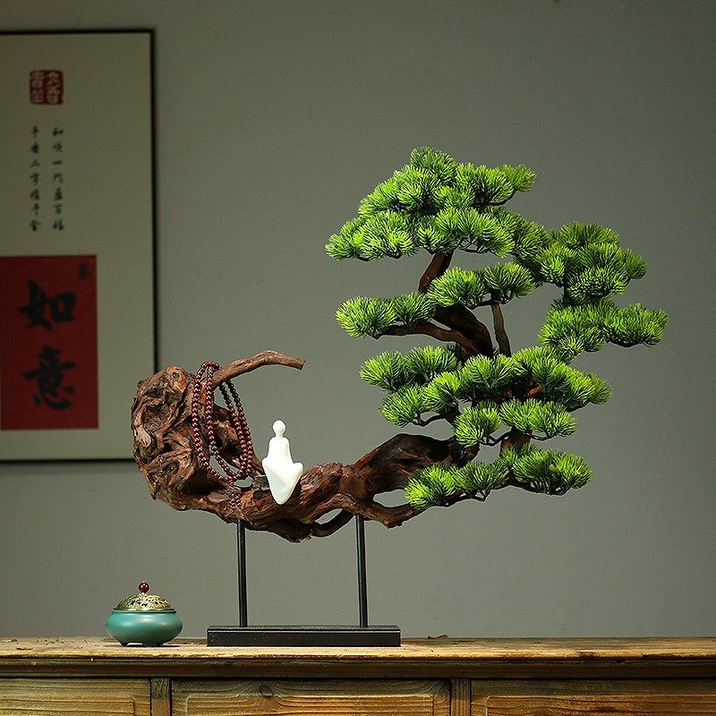 天然实木树根迎客松茶室书房玄关桌摆件中式酒店枯木逢春餐厅装饰