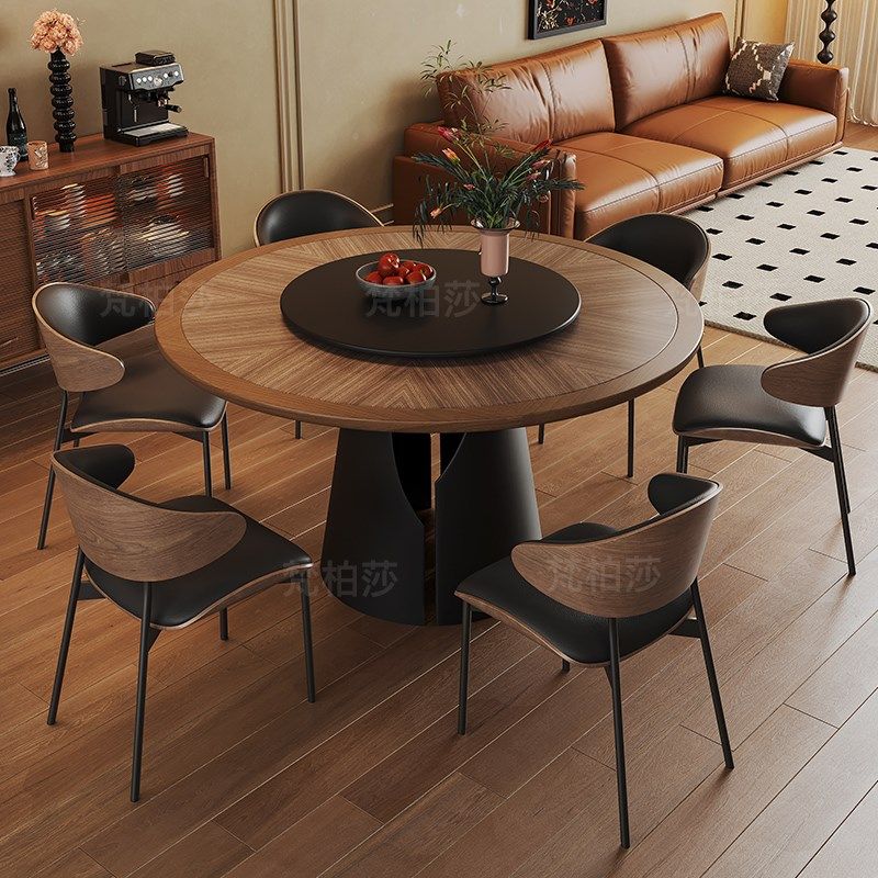 中古风圆桌实木纹理圆形岩板餐桌法式复古奶油家用高端带转盘饭桌,住宅家具,岩板餐桌,淘宝优惠券,粉丝福利购,淘宝优惠卷