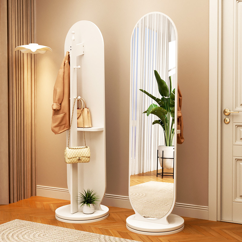 旋转全身镜子带置物挂衣架一体设计感可移动角落小户型穿衣落地镜