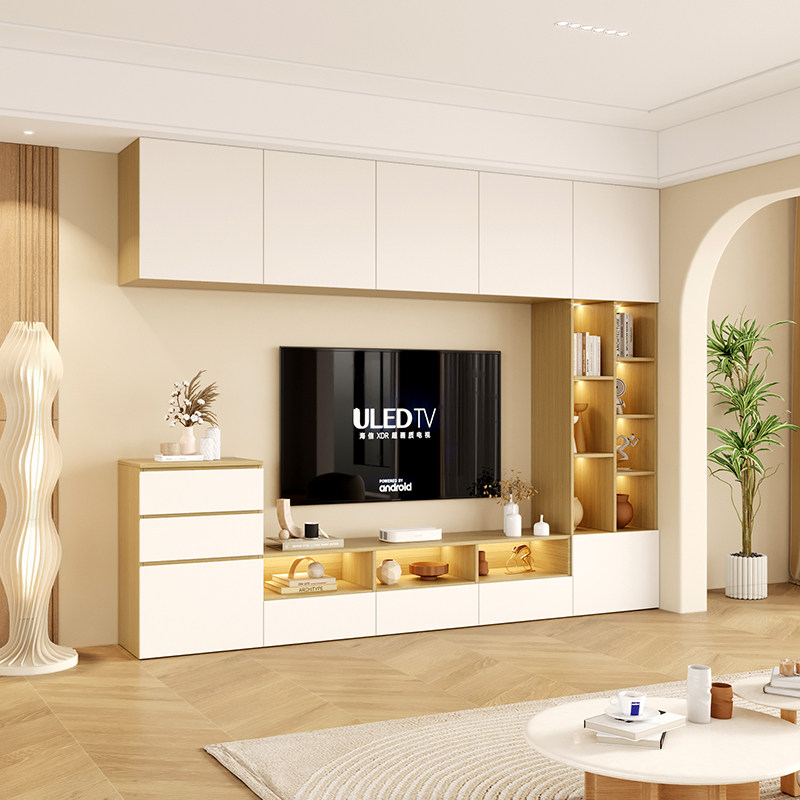 日系原木奶油风电视柜小户型客厅家用背景墙柜实木定制一体组合柜,住宅家具,电视柜,淘宝优惠券,粉丝福利购,淘宝优惠卷