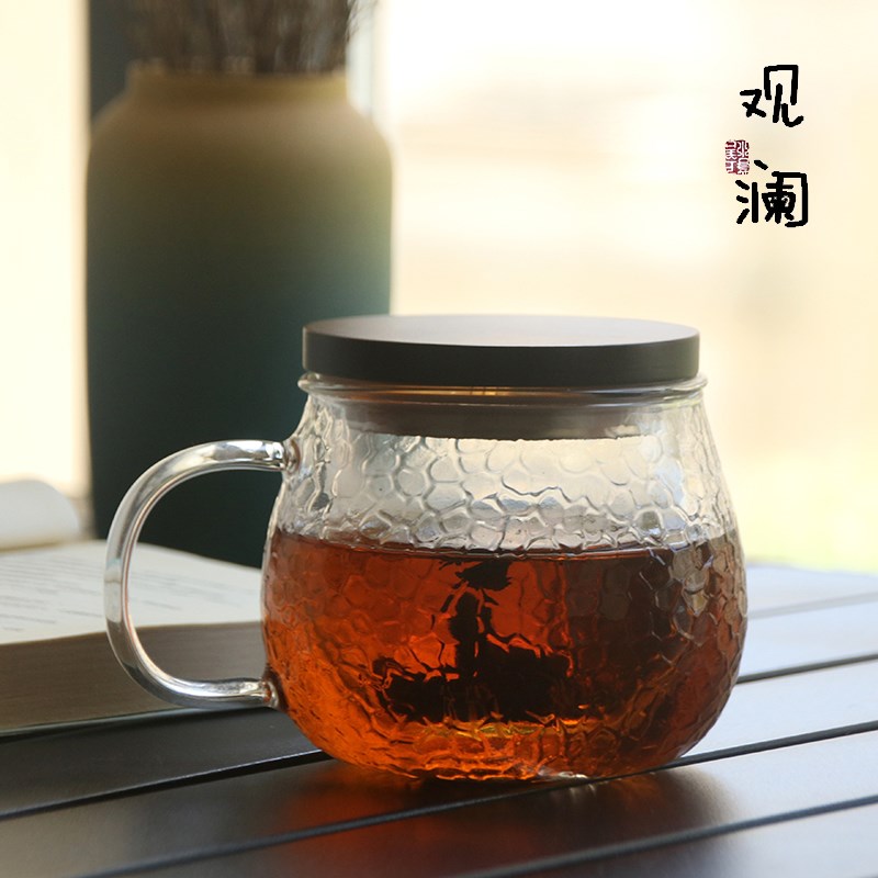 耐高温透明玻璃杯男女办公水杯锤纹花茶杯带把家用茶水分离泡茶杯