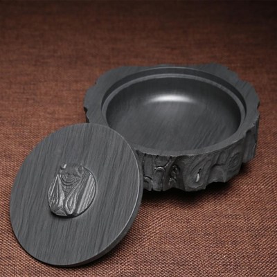 万石君文创设计多功能树桩蝉砚  歙砚水波纹天然原石制作自带笔搁