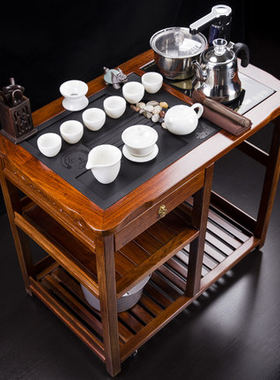 花梨木茶车乌金石实木可移动带轮茶台水柜茶盘茶桌刺猬紫檀