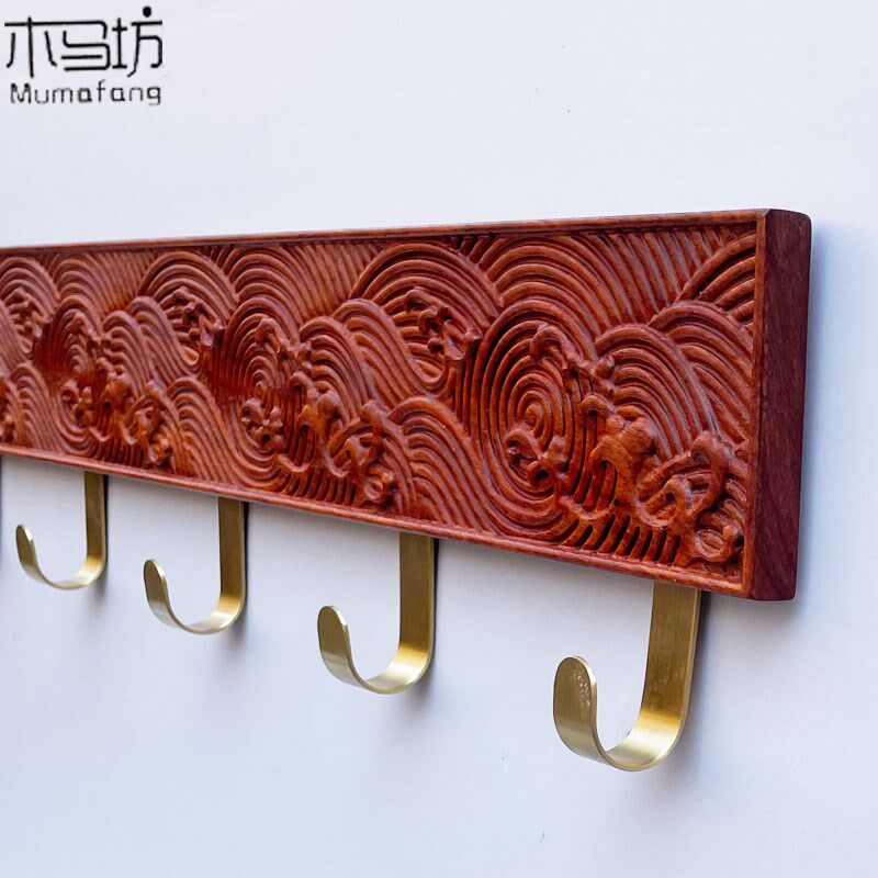 刺猬紫檀实木免打孔玄关入户墙壁上衣帽钩长排钩玄关挂衣架壁挂式