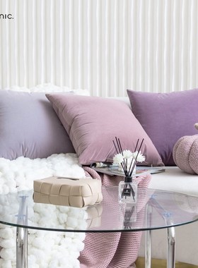 紫色系羊毛绒沙发抱枕套组合轻法式奶油风床头纯色靠垫套50X50cm