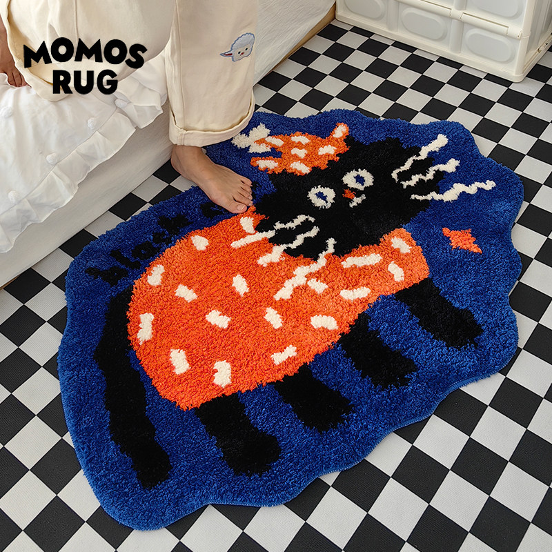 momosrug可爱黑猫植绒地毯衣帽间房间柔软防滑卧室撸猫感床边毯子