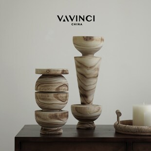 梵其侘寂风创意实木纹几何装饰摆件中古艺术样板房间酒店民宿摆设