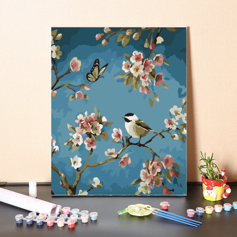 数字油画diy填充报喜小鸟手工填色三联画风景客厅装饰画油彩画画
