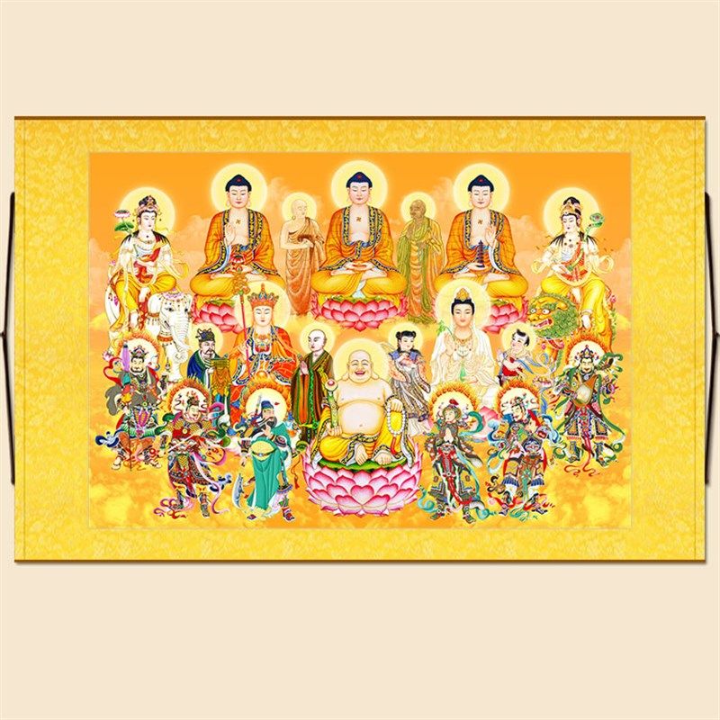 全堂佛横幅画 释迦牟尼佛地藏王观音文殊普贤菩萨众佛图卷轴挂画