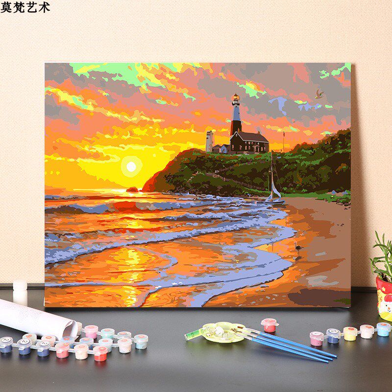 数字油画diy手工填充夕阳西下治愈系海边房子涂色填色丙烯油彩画