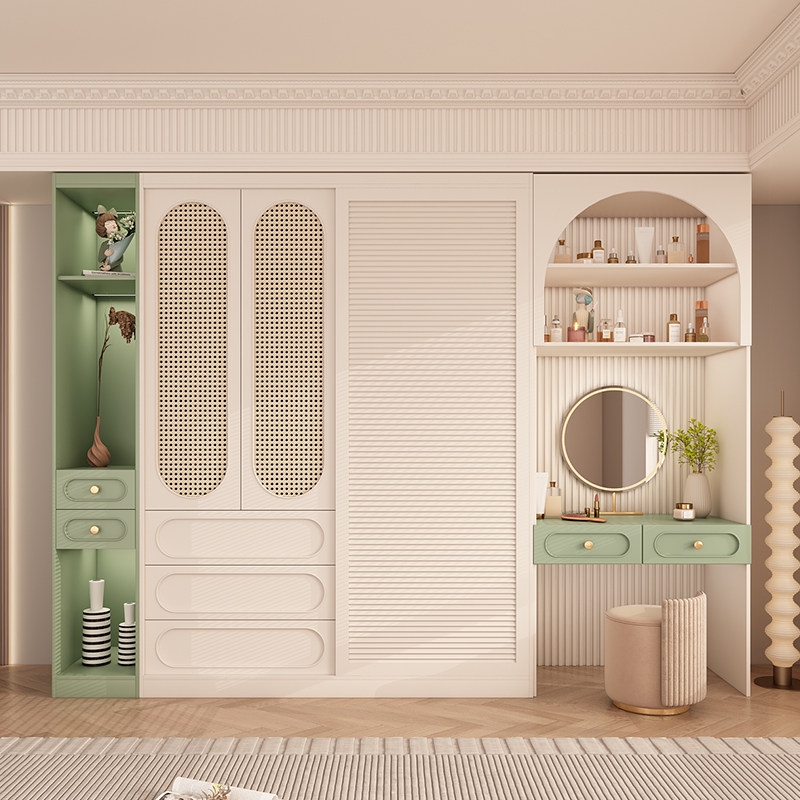 新款2024爆款奶油风推拉门衣柜家用卧室实木柜子现代简约儿童衣橱