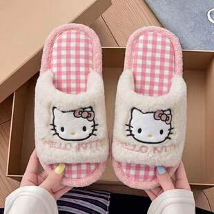 可爱kt猫亚麻拖鞋女款四季室内居家防滑静音透气吸汗棉麻布拖鞋女